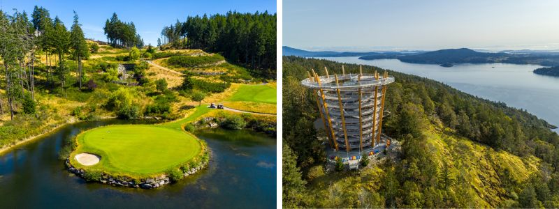Image of Bear Mountain golf club on left and Malahat SkyWalk on right