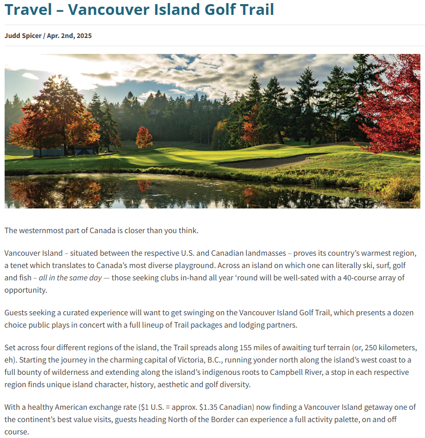 Avid Golfer Vancouver Island Golf Trail article tease for in the media page. 